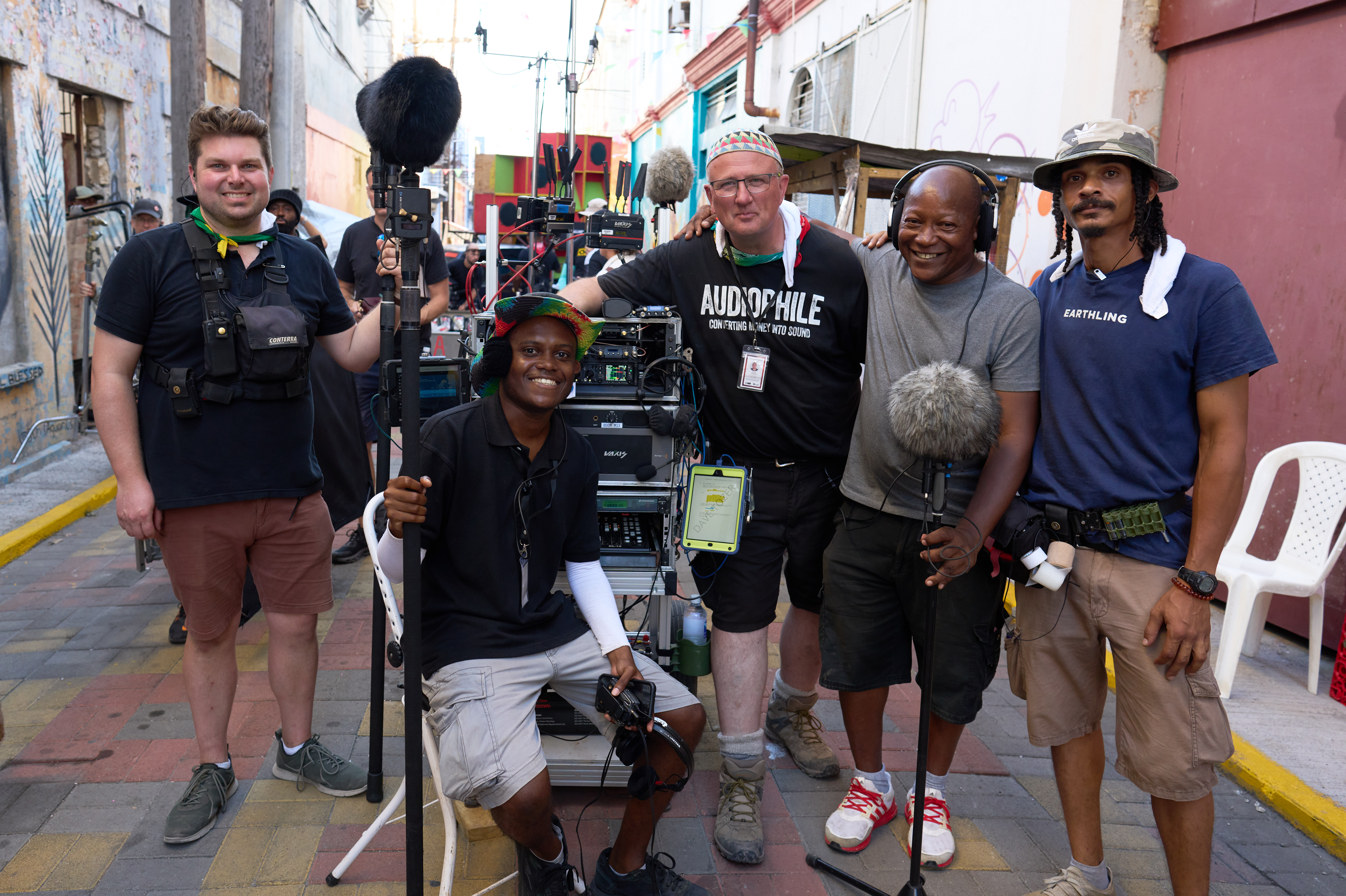 The Possession sound department around the cart in downtown Kingston